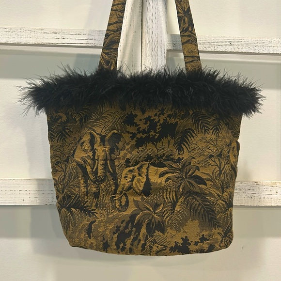 Vintage Looking Tapestry Bag Elephant Black Feather Ostrich Trim Shoulder Purse - Picture 1 of 11